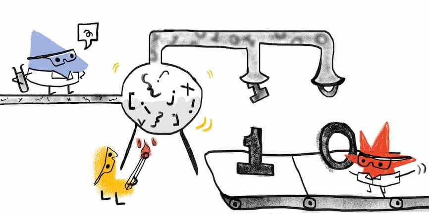 Hero image of Web Almanac characters performing scientific experiments on various code symbols resulting in 1’s and 0’s coming out the other end.